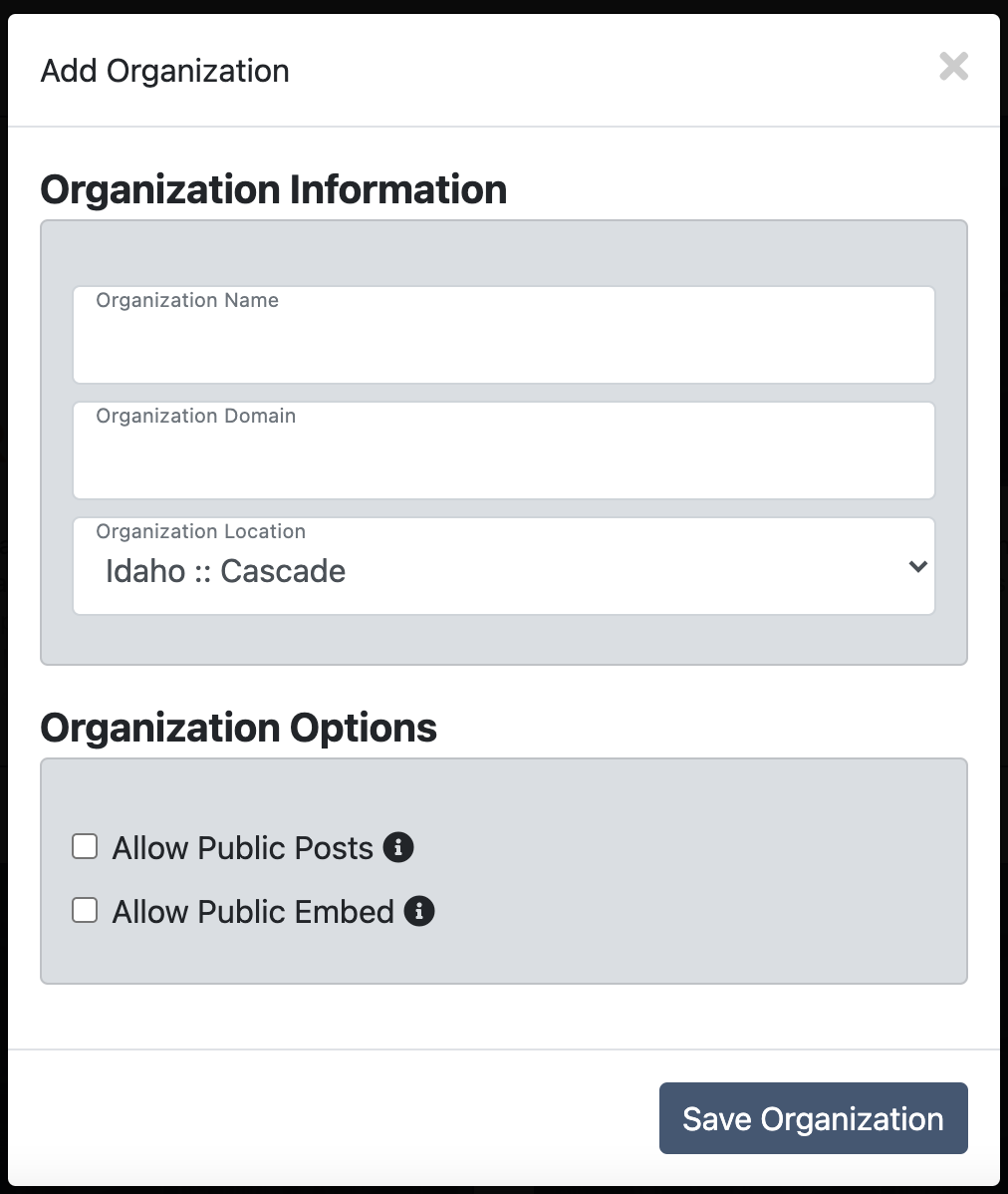 Create Organization Dialog