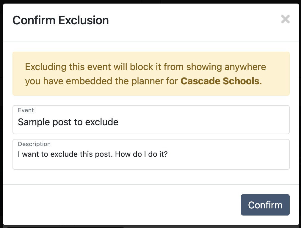 Confirm Exclude